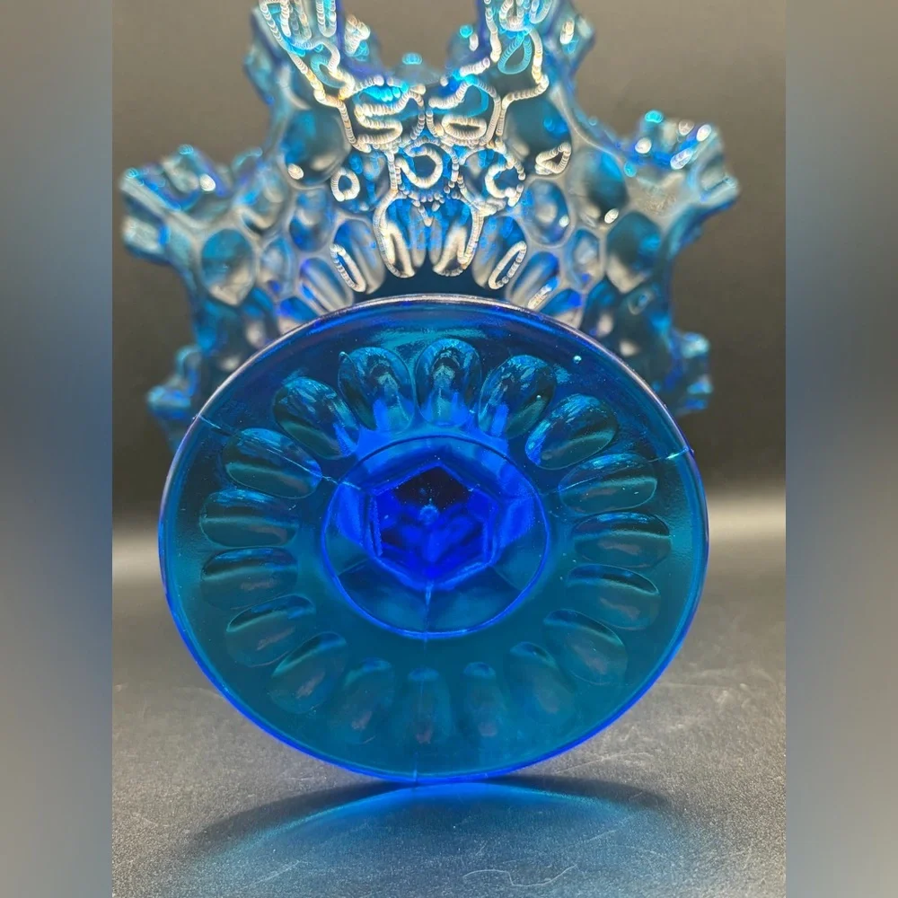 Vintage Fenton Blue Ruffle Thumbprint Glass Pedestal Candy Dish Compote Tazza